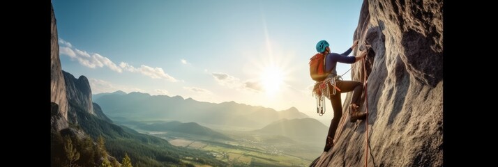 Climber climbs the mountain, beautiful landscape, active lifestyle concept. Generative AI