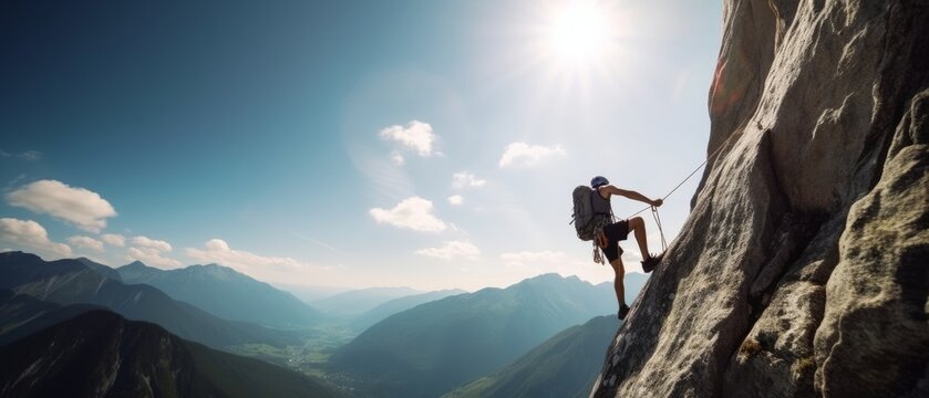 Climber climbs the mountain, beautiful landscape, active lifestyle concept. Generative AI