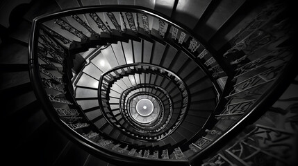 A striking black and white image of a spiral staircase, captured from above, with the intricate patterns and geometric shapes of the stairs drawing the eye towards the center
