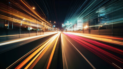 Fototapeta na wymiar High speed light trail of cars. Motion Blur City. generative AI.