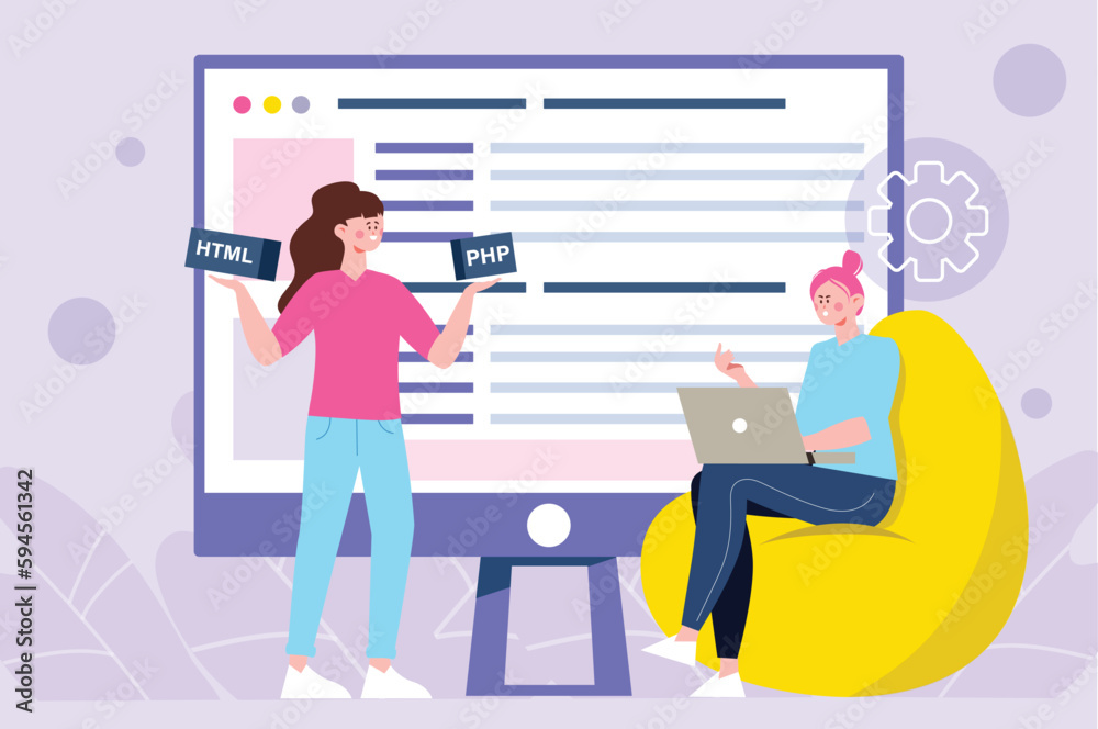 Poster programing software violet concept with people scene in the flat cartoon design. team of programmers