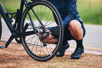 Person, bike and wheel repair outdoor for training, triathlon sports and transportation problem....