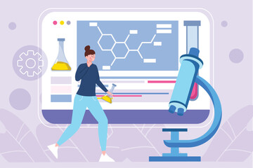 Violet concept science lab with people scene in the flat cartoon design. Young scientist conducts various experiments in a chemical laboratory. Vector illustration.