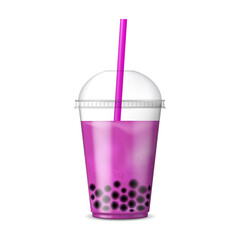 Bubble Tea. Asian drink with tapioca jelly balls. Fruit tea with tapioca pearls. Bob tea. Realistic vector illustration isolated on white background.