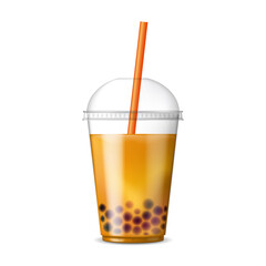 Bubble Tea. Asian drink with tapioca jelly balls. Fruit tea with tapioca pearls. Bob tea. Realistic vector illustration isolated on white background.