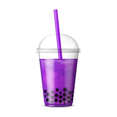 Bubble Tea. Asian drink with tapioca jelly balls. Fruit tea with tapioca pearls. Bob tea. Realistic vector illustration isolated on white background.