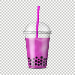 Bubble Tea. Asian drink with tapioca jelly balls. Fruit tea with tapioca pearls. Bob tea. Realistic vector illustration.