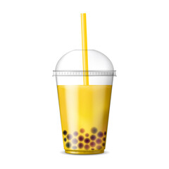 Bubble Tea. Asian drink with tapioca jelly balls. Fruit tea with tapioca pearls. Bob tea. Realistic vector illustration isolated on white background.