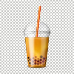 Bubble Tea. Asian drink with tapioca jelly balls. Fruit tea with tapioca pearls. Bob tea. Realistic vector illustration isolated on white background.