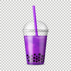 Bubble Tea. Asian drink with tapioca jelly balls. Fruit tea with tapioca pearls. Bob tea. Realistic vector illustration.