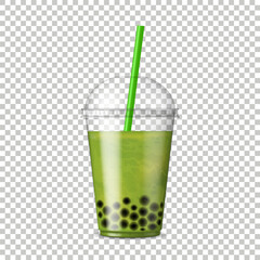 Bubble Tea. Asian drink with tapioca jelly balls. Fruit tea with tapioca pearls. Bob tea. Realistic vector illustration.