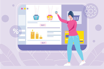 Spa salon violet concept with people scene in the flat cartoon design. Woman in a spa salon chooses different products for self-care. Vector illustration.