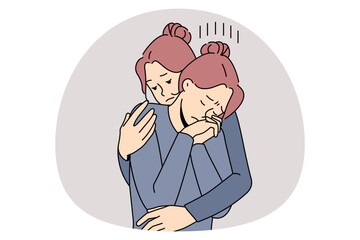 Helping hand and support concept. Sister or friend embracing sad depressed tine sad girl having heavy thoughts feeling sad and disappointed vector illustration