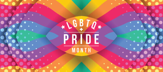 LGBTQ plus Pride month text on abstract waving and curve rainbow pride symmetrical and dot texture background vector design