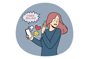 Cyber bullying and online crime concept. Stressed crying girl standing and trying not to look at smartphone with dislikes and negative information vector illustration