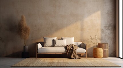Warm neutral wabi sabi style interior mockup with low sofa, jute rug, ceramic jug, side table and dried grass decoration on empty concrete wall background. 3d rendering