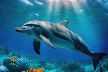 Fototapeta na wymiar Beautiful dolphins under the sea . AI generative