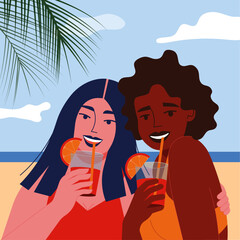 Two smiling plus size women in bikinis having drinks, on the beach during vacation