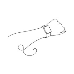 Obraz premium Person's hand indicates a wrist watch. One line art. Smart watch on wrist. Hand drawn vector illustration.