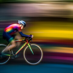 Motion blurred male cyclist driving fast on his bicylce. Cyclist in focus.