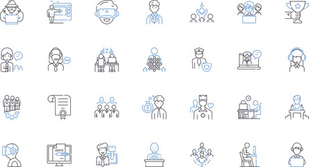 Vocation and supervision line icons collection. Development, Guidance, Mentorship, Accountability, Support, Empowerment, Leadership vector and linear illustration. Direction,Coaching,Professionalism