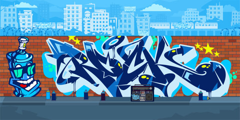 Outdoor Urban Streetart Graffiti Wall With Drawings Against The Background Of The Cityscape Vector Illustration