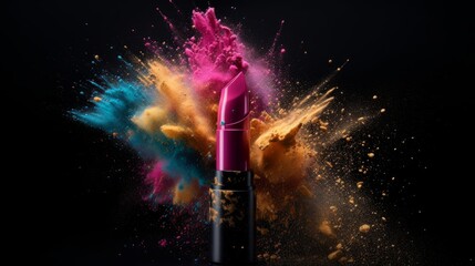 Lipstick that emits a burst of colorful dust, makeup or cosmetics concept. Generative AI