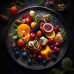 Fototapeta na wymiar Freshly cutted fruit placed on a plate. Delicous and healthy food for healthy lifestyle.