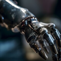 robot hand of a robot, in the style of dark silver and beige, soft edges and blurred details, disfigured forms, computer-aided manufacturing. Generative AI