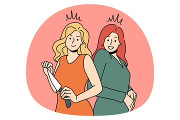 Planning murder and revenge concept. Smiling women standing holding kitchen knife trying sharpness of kitchen knife in her hands vector illustration
