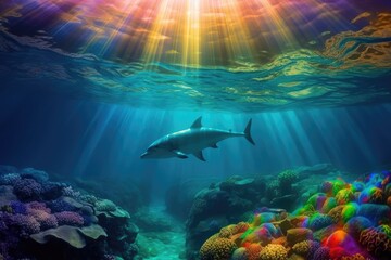 Fototapeta na wymiar rainbow under water sunlight shines through the water . AI generative