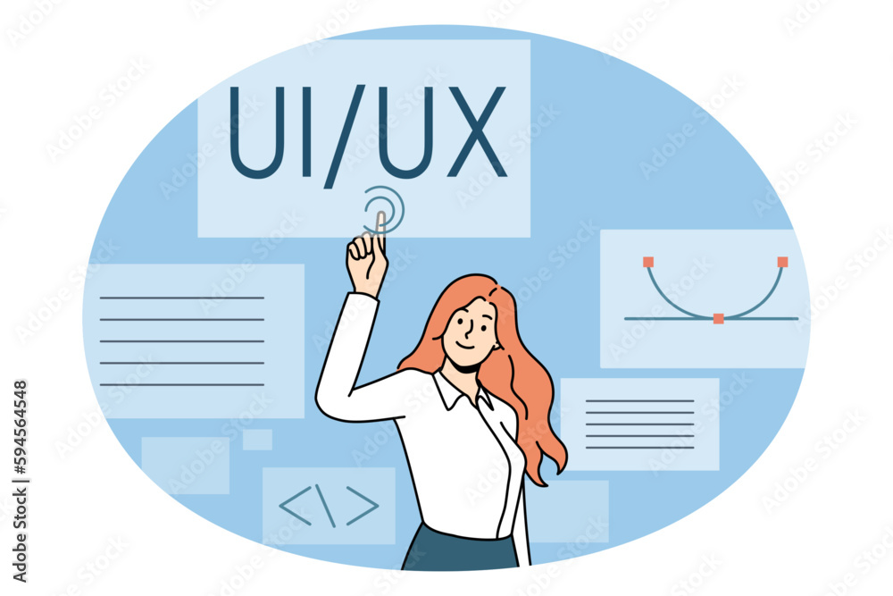 Poster user interface and experience concept. young woman web designer computer programmer standing and poi