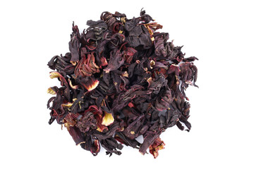 Hibiscus petals top view. Dry petals of hibiscus are quite large close-up. Red tea from flower buds. Heap of dry hibiscus tea on white background