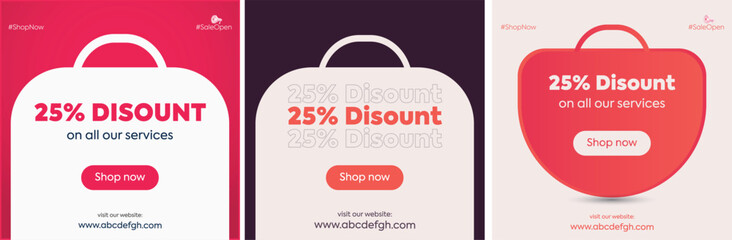 25% Discount sale popup announcement design for social media and website. Discount Popup. Creative Twenty five percent discount post for social media. Three discount options on all products. 25% off