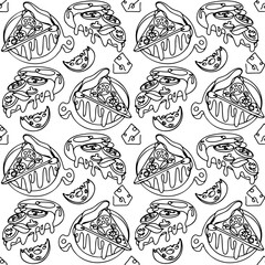 seamless pattern of melted pizza with cheese using sketchy or hand drawing style on black background