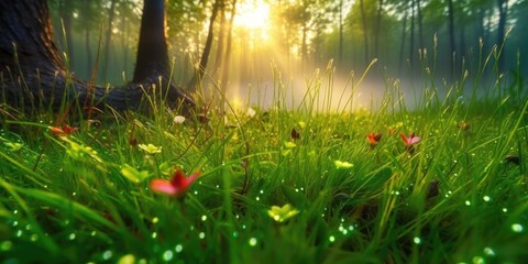 forest flour in the morning after the rain, sunny spots, colorful and beautiful flowers grow on a green grass