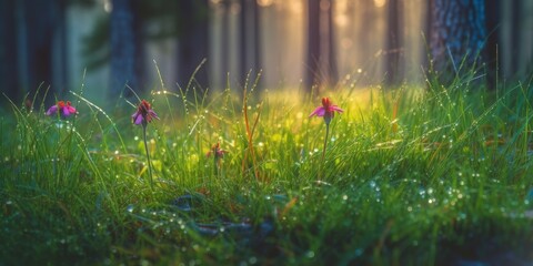 forest flour in the morning after the rain, sunny spots, colorful and beautiful flowers grow on a green grass