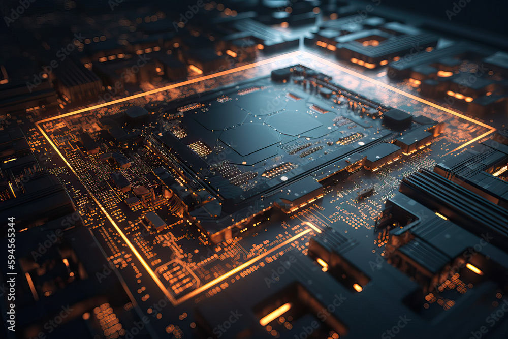 Poster close up shot of circuit cyberspace board with computer motherboard component microchip with chip st