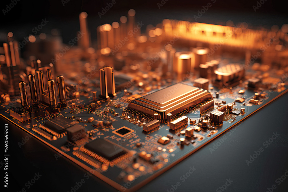 Poster close up shot of circuit cyberspace board with computer motherboard component microchip with chip st