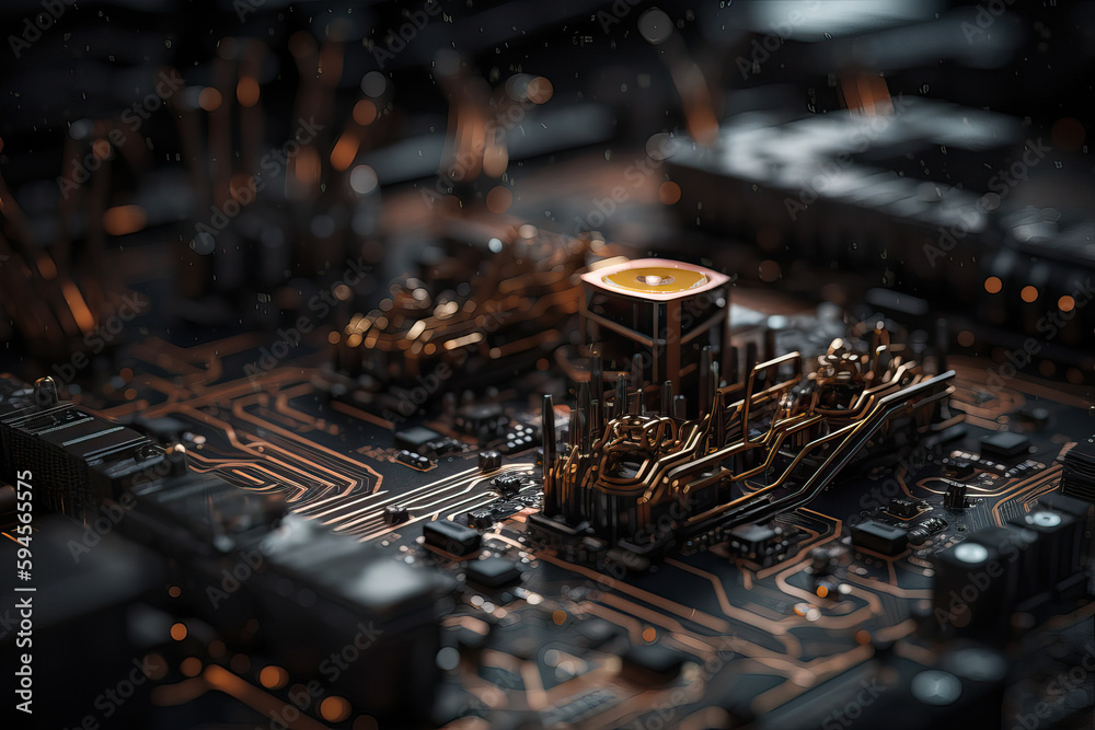 Poster close up shot of circuit cyberspace board with computer motherboard component microchip with chip st
