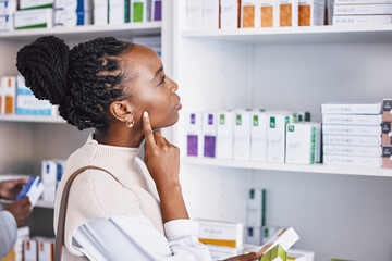 Black woman, patient and thinking for healthcare drugs, medication decision for pain relief on...