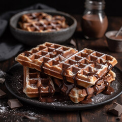 Belgian waffles with chocolate and caramel on a dark wooden background. AI generated - obrazy, fototapety, plakaty