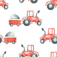 Seamless pattern with red tractors on white background. Watercolor tractors with a trailer. Print for kids with cute machines. Kids texture for fabric, wrapping, textile, wallpaper, apparel.