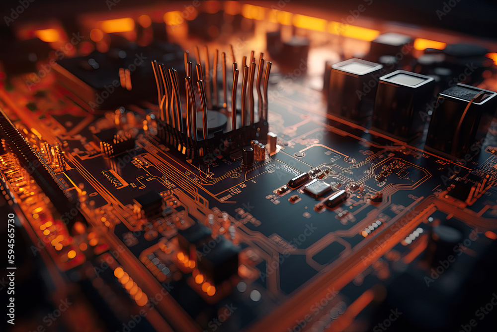 Poster close up shot of circuit cyberspace board with computer motherboard component microchip with chip st