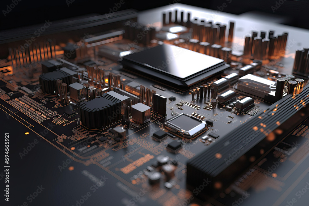 Poster close up shot of circuit cyberspace board with computer motherboard component microchip with chip st