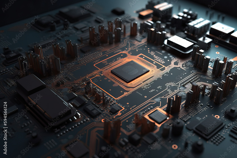 Poster close up shot of circuit cyberspace board with computer motherboard component microchip with chip st
