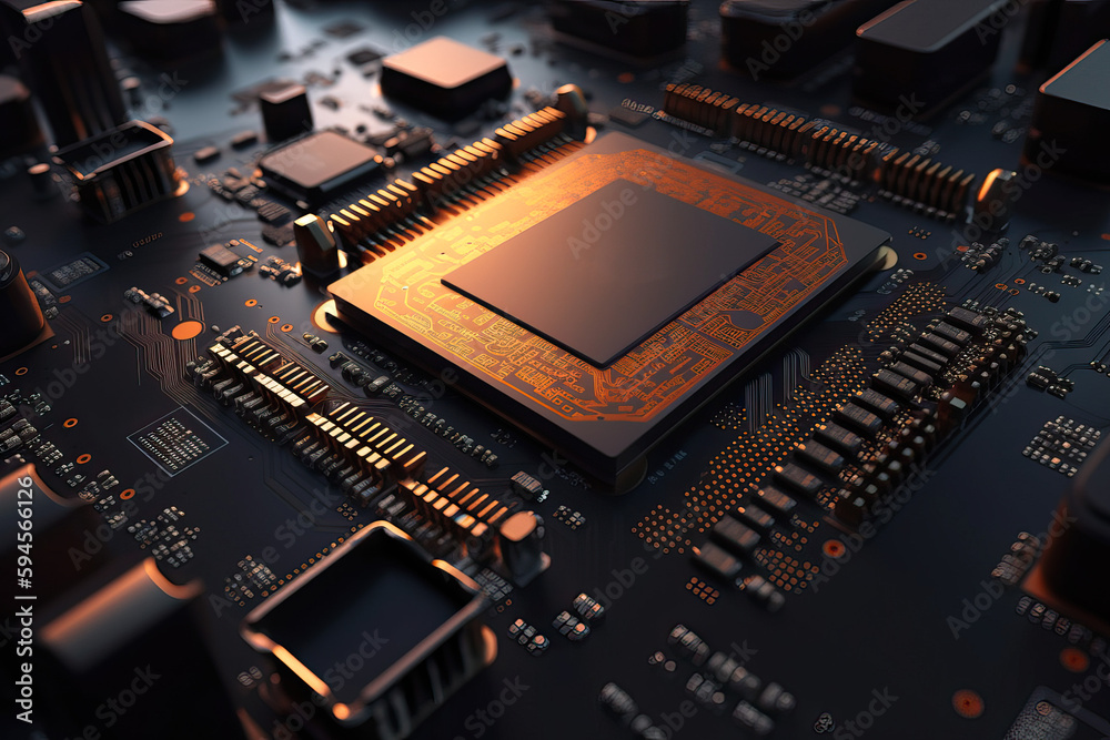 Poster close up shot of circuit cyberspace board with computer motherboard component microchip with chip st
