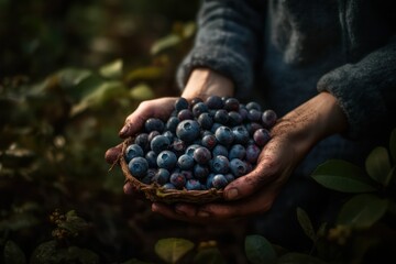 freshly picked blueberries in the farmer's palms.Generative AI