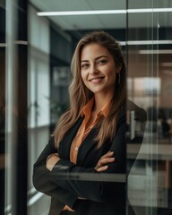 Friendly business professional female, looking at the camera, smiling, standing next to a glass office door