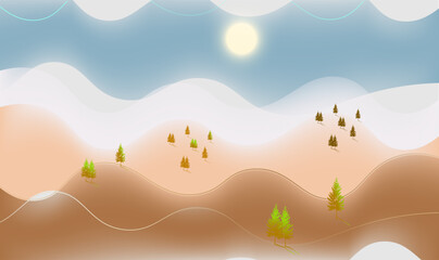 Abstract landscape with hills and sun. Vector illustration